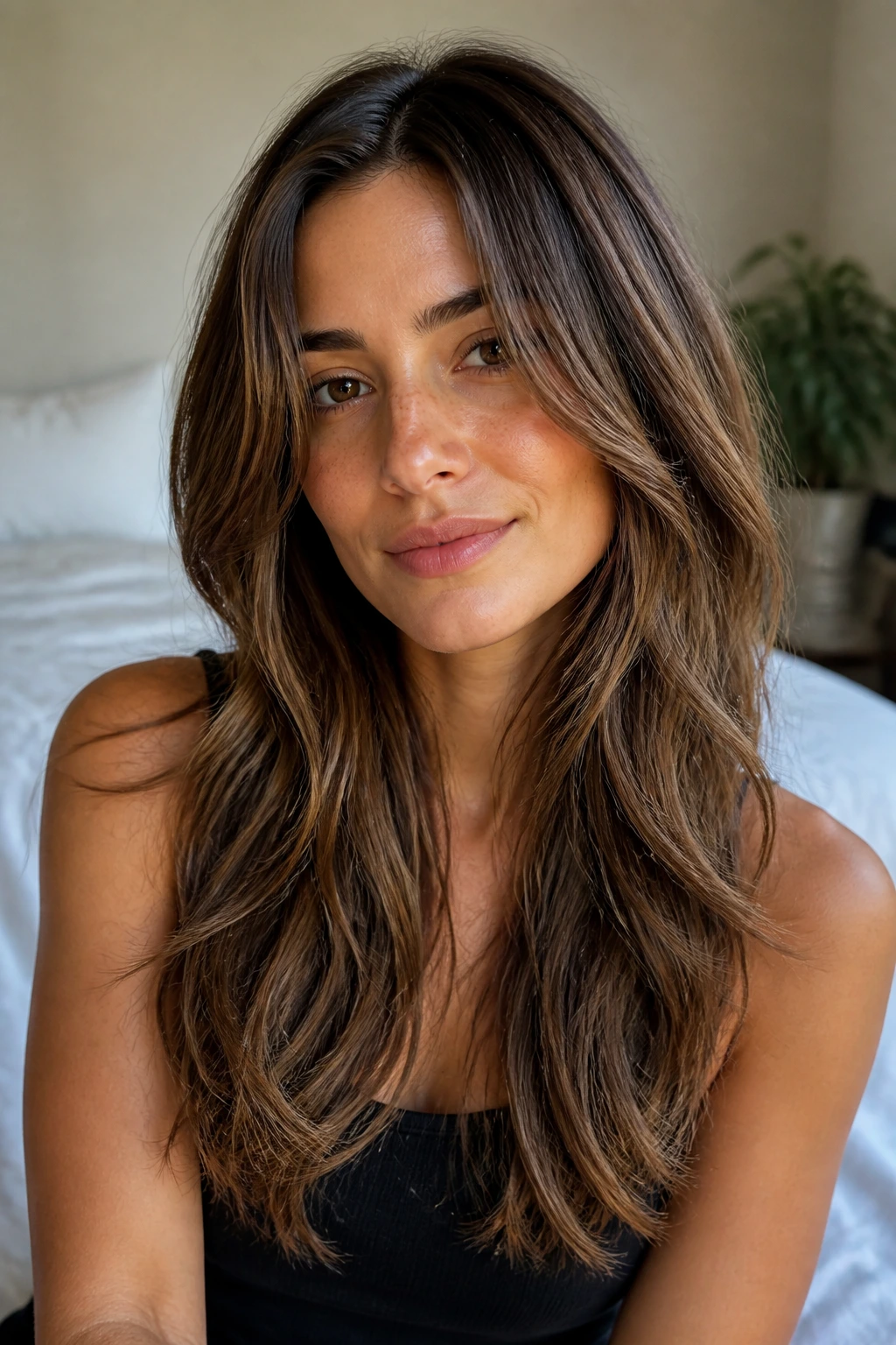 Close-up of a real woman with soft grown-out layers in long hair