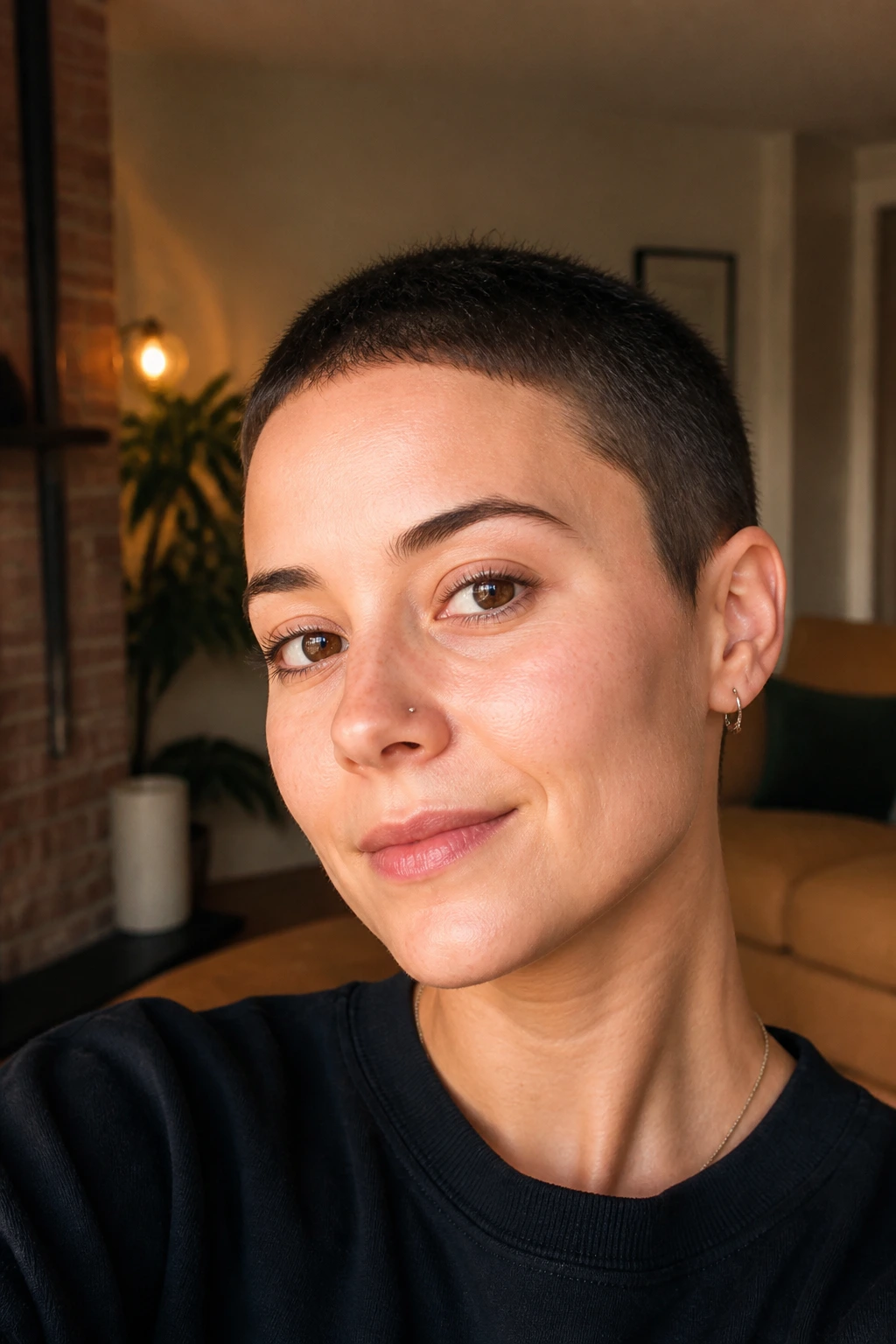 Close-up portrait of a real person with a soft-haired hairline close crop in warm living room light.