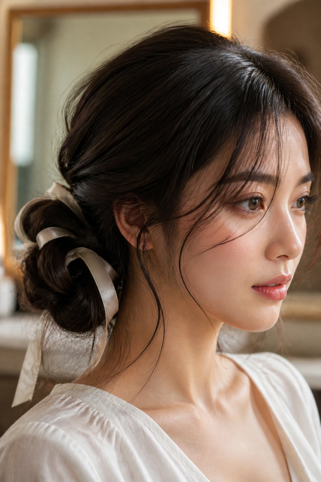 Portrait of a real woman with a satin ribbon integrated into a softly polished low bun