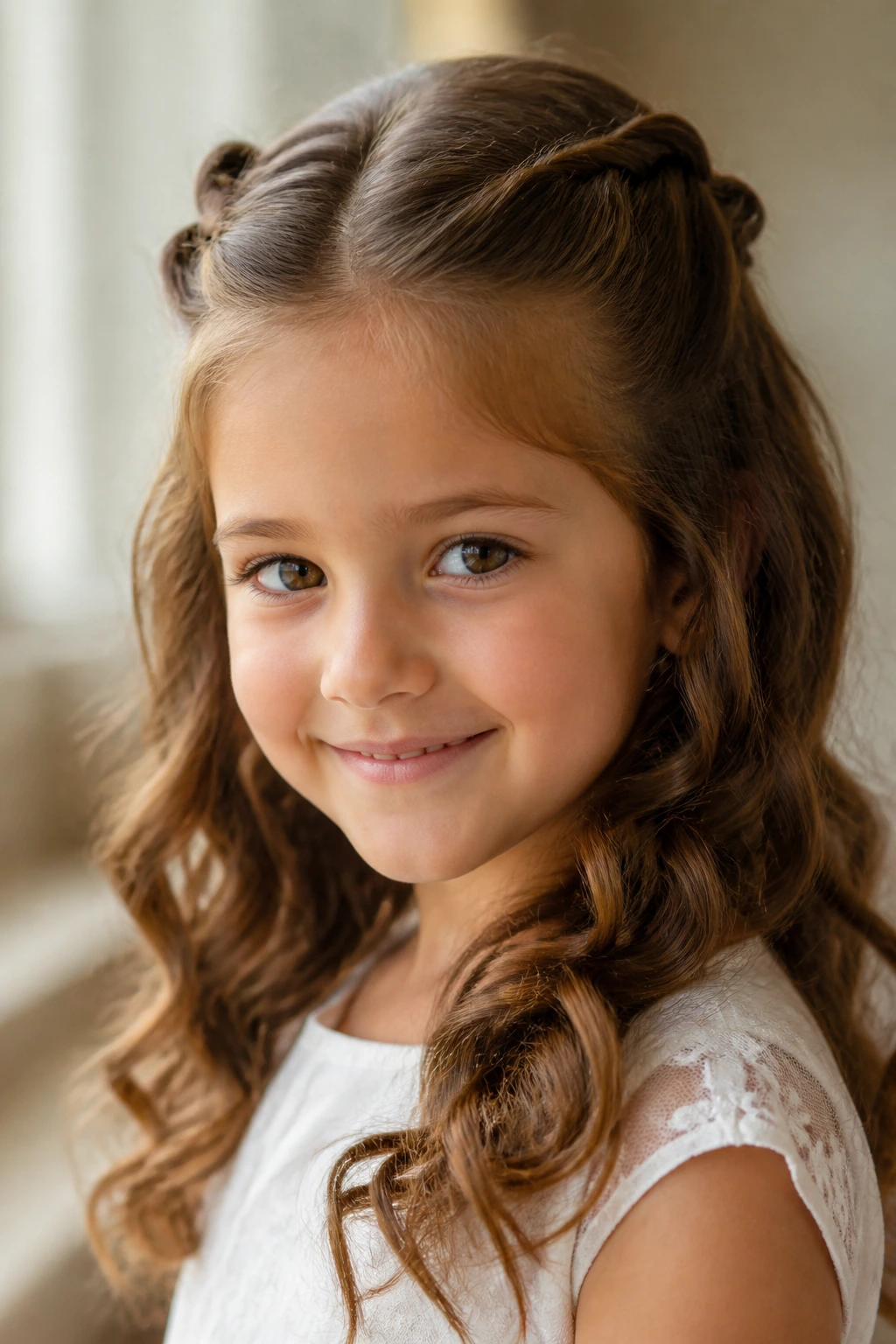 Close-up of a real child with half-up twists and loose curls.
