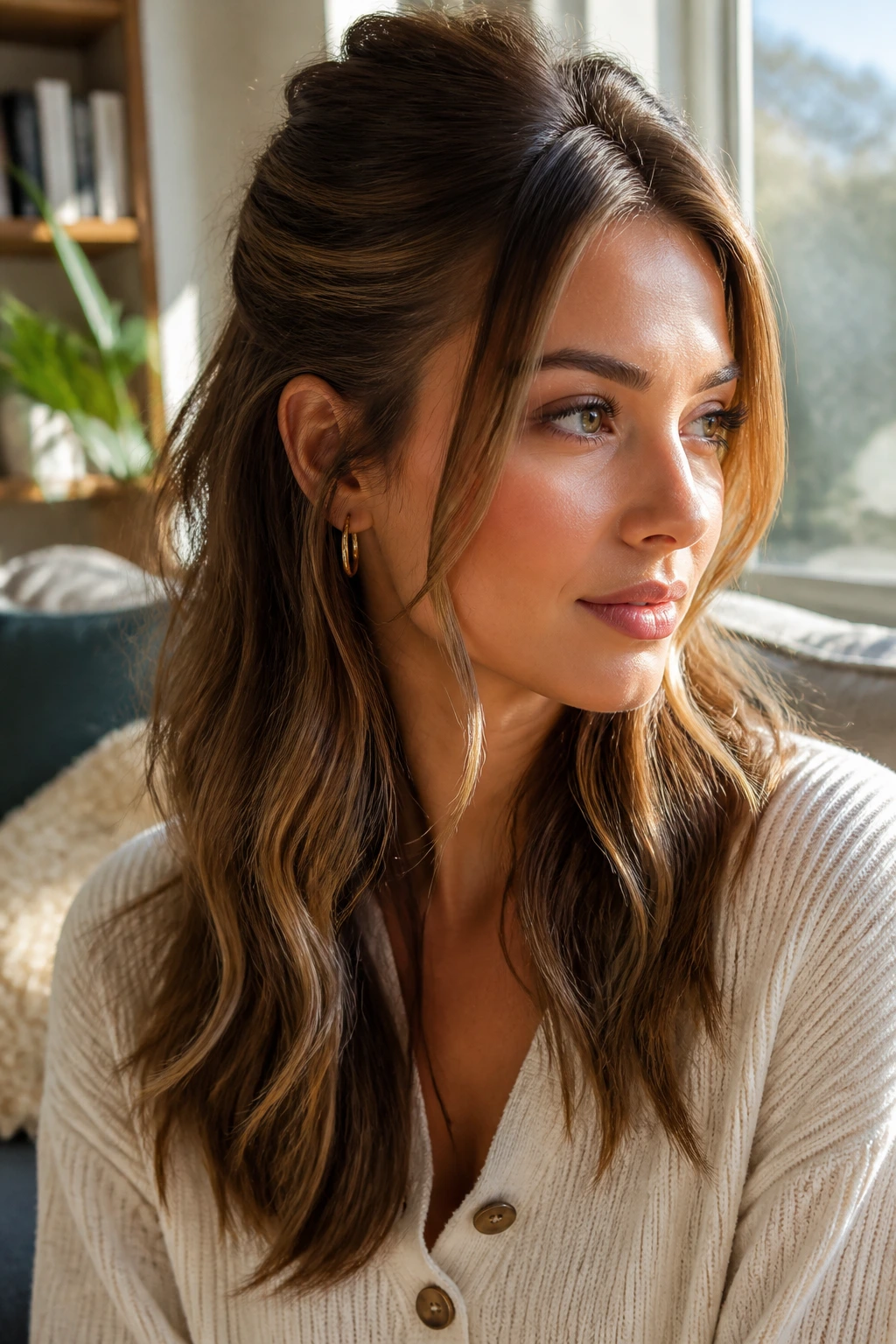 Woman with soft waves and two face-framing pieces in warm window light