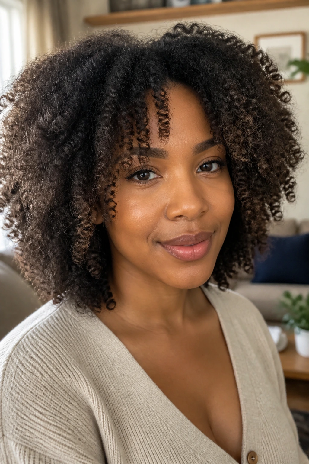 Close-up portrait of a real woman with halo layers on coils