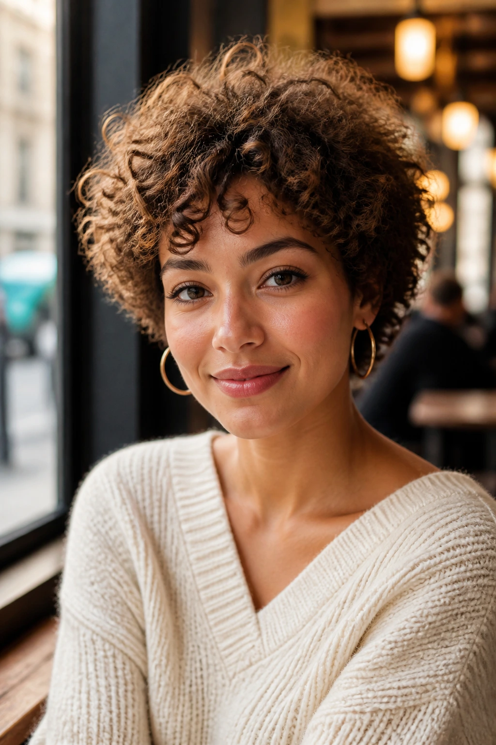 Close-up portrait of a real woman with a soft halo curly cut