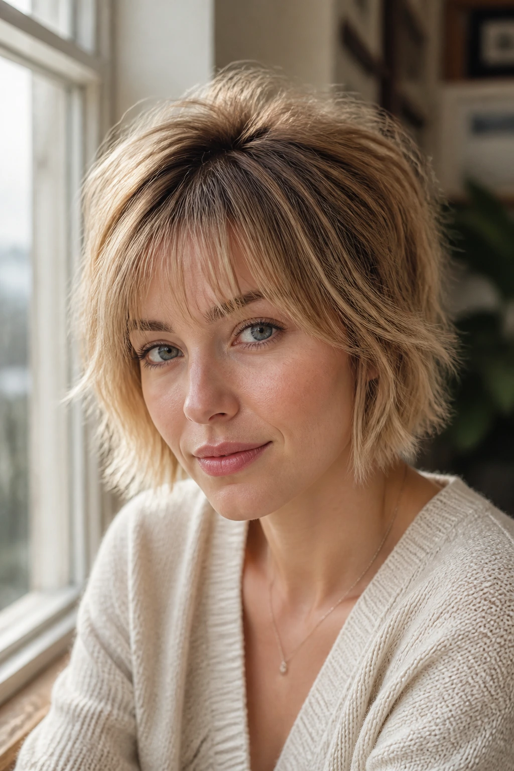 Close-up real woman with soft halo shag bob and see-through bangs.