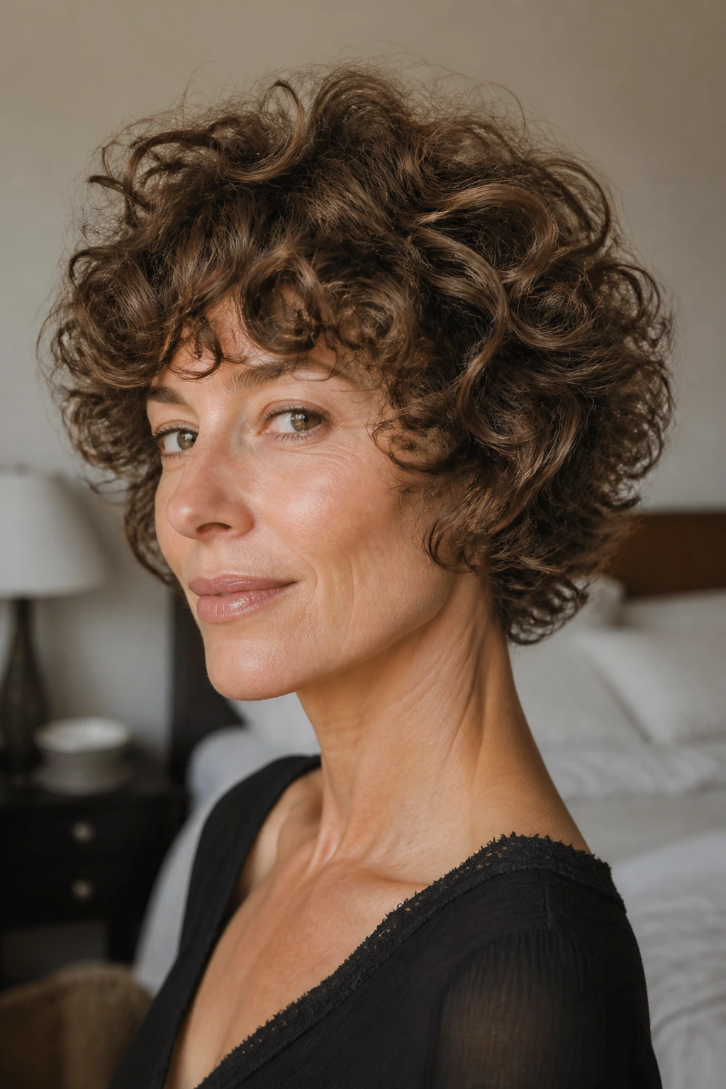 Close-up portrait of a real woman with Soft Halo Shag showing rounded crown and cloud-like curls