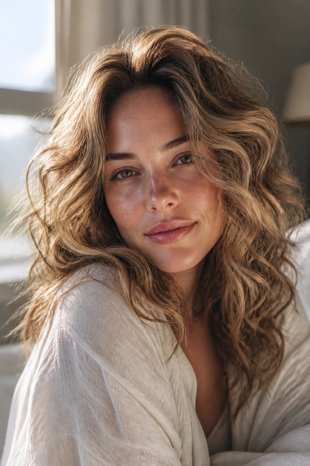Close-up of Soft Halo Waves on a real woman with halo crown and natural makeup