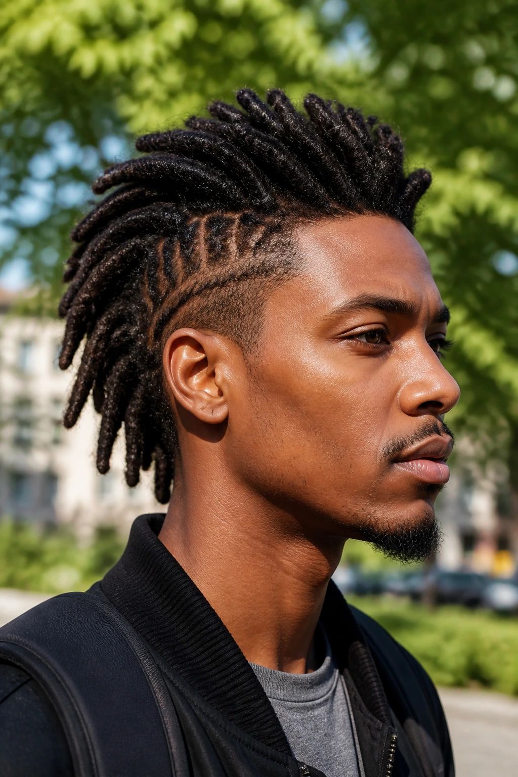 Person with a Soft Hawk dreadlock mohawk in natural light showing variation for different loc lengths.