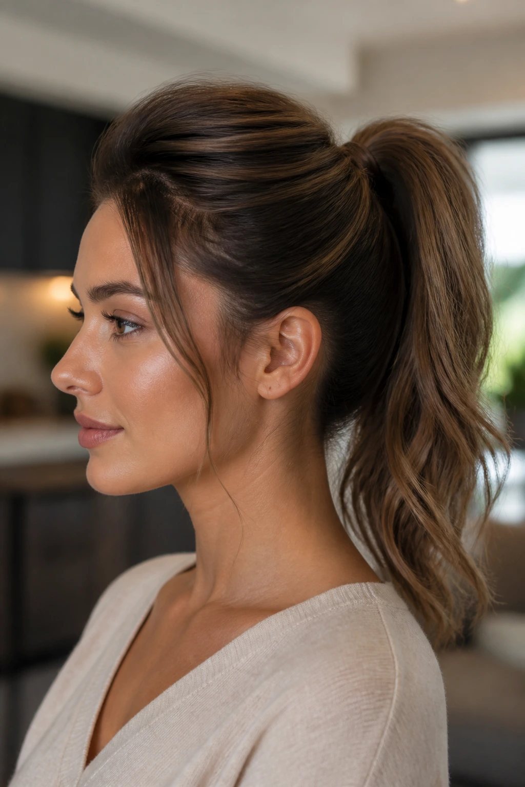 Close-up showing a high ponytail with crown lift for a softer look