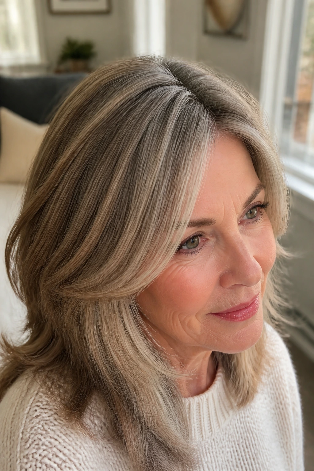 Close-up portrait of a mature woman showing soft highlights blending with base around crown