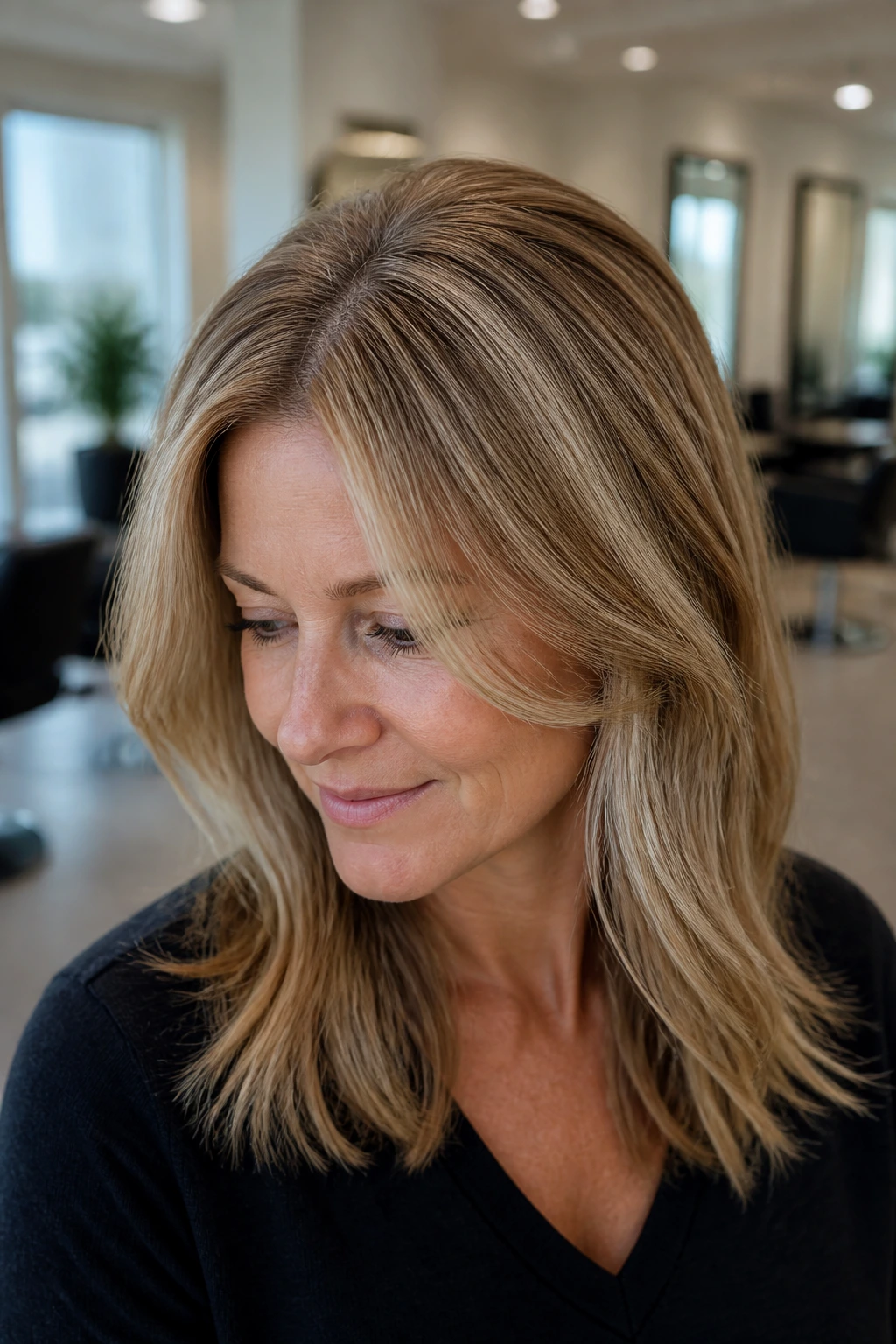 Close-up of a real woman with subtle, luminous highlights creating fullness at the crown