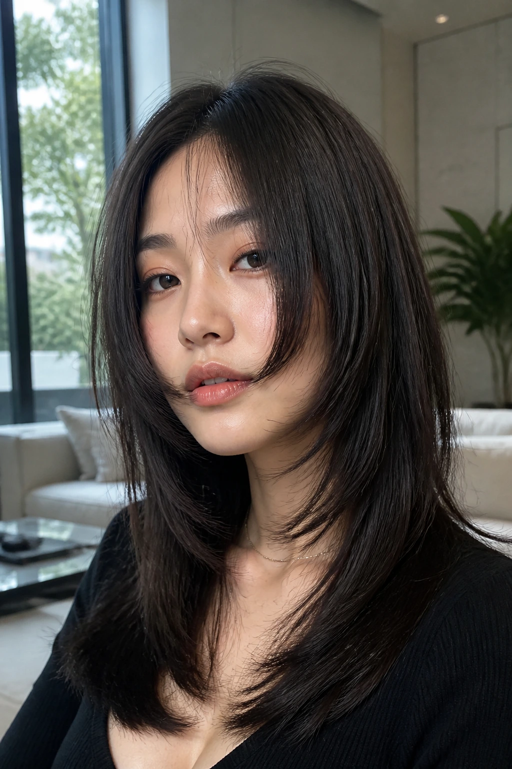 Close-up portrait of a person with soft hime cut framing the cheeks