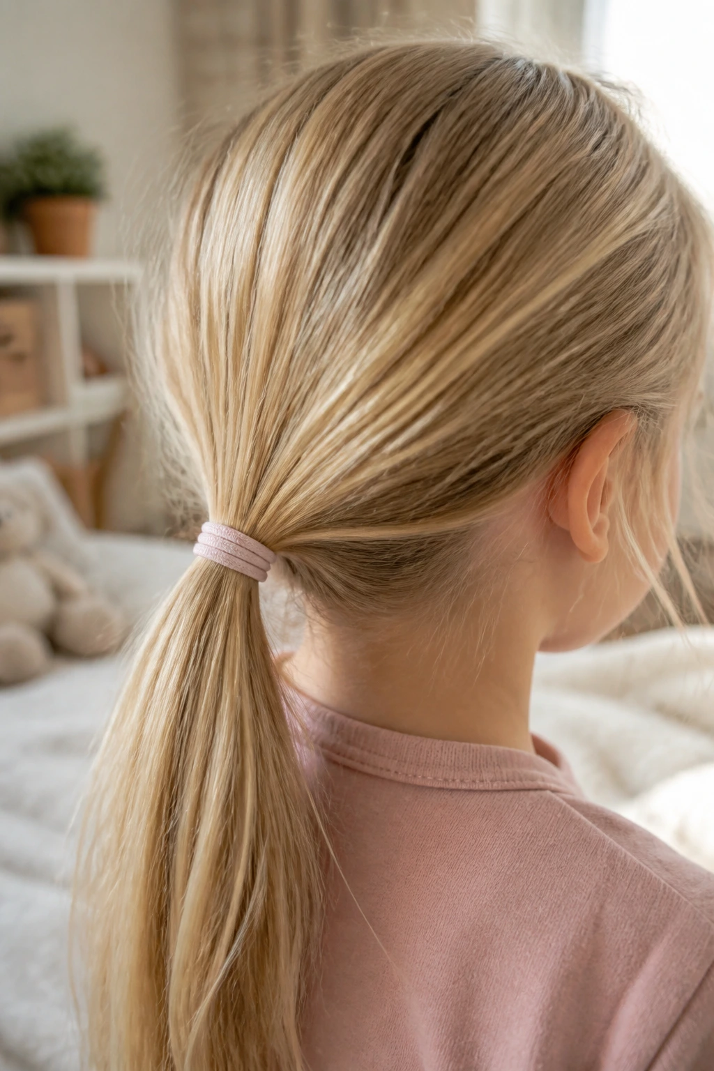 Close-up of a young girl's hair in a low ponytail with a soft seam-free elastic