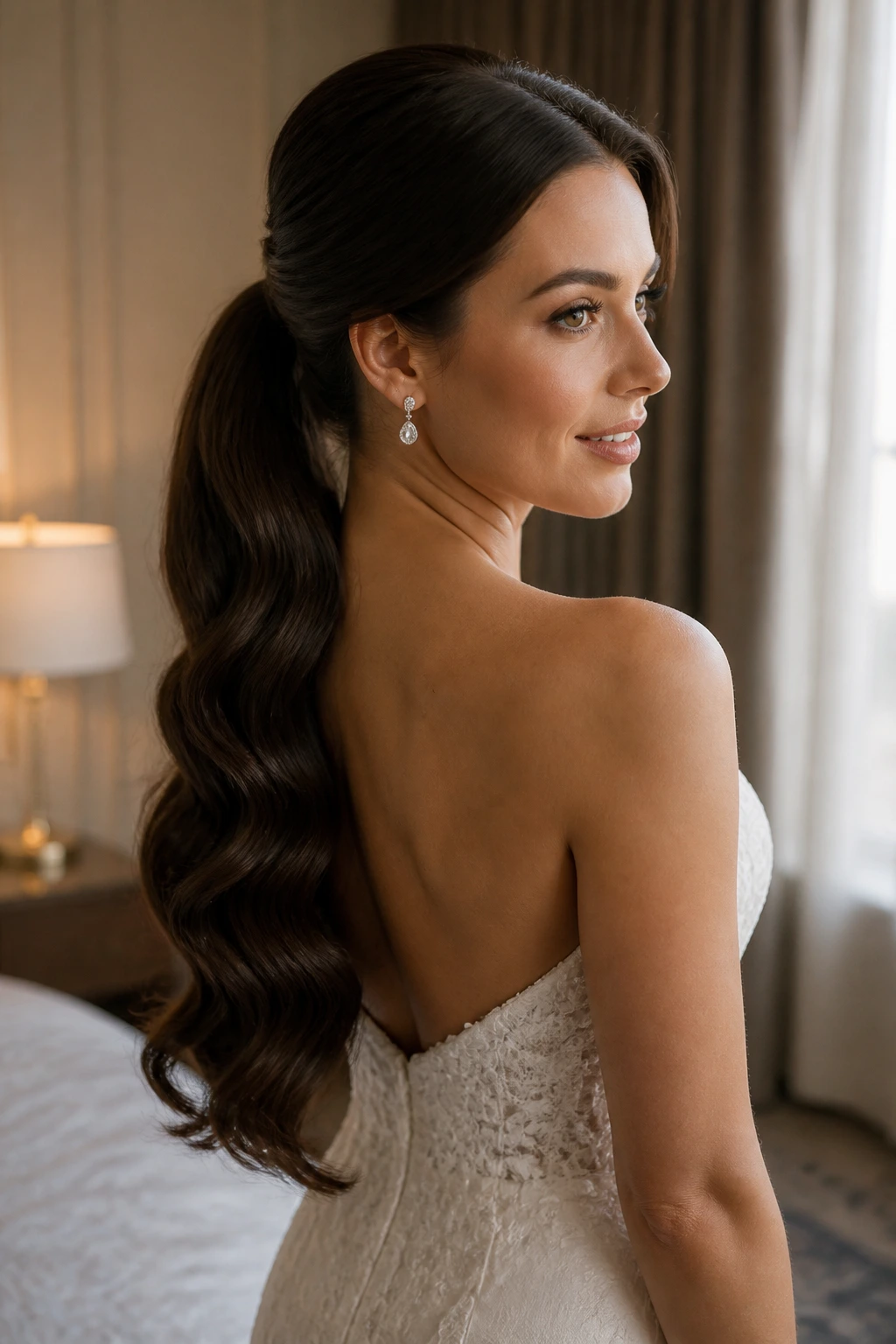Real bride with soft Hollywood wave ponytail over one shoulder