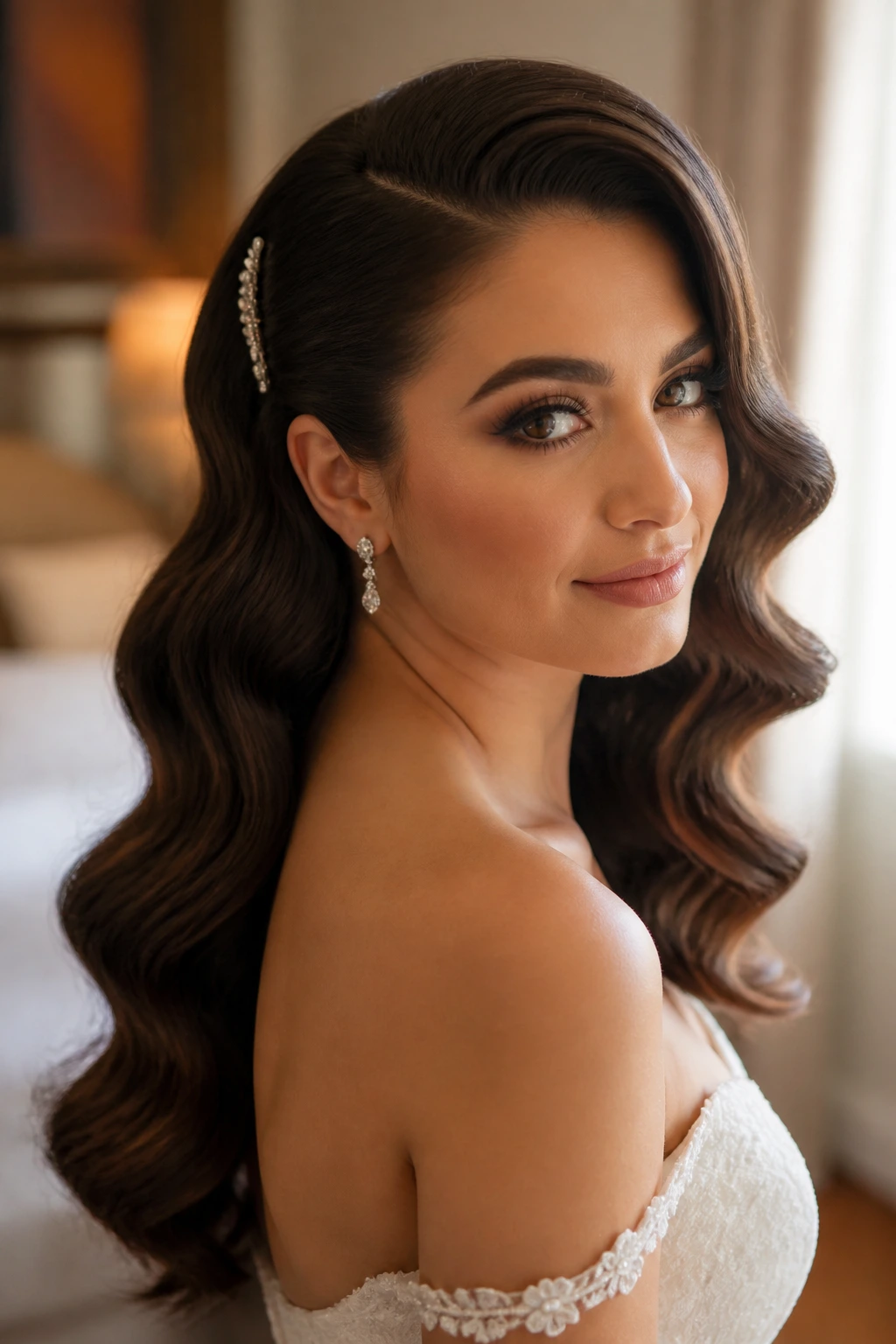 Bride with soft Hollywood waves hairstyle in natural window light