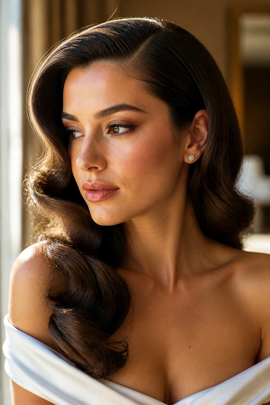 Close-up of a bride with soft Hollywood waves and a deep side part