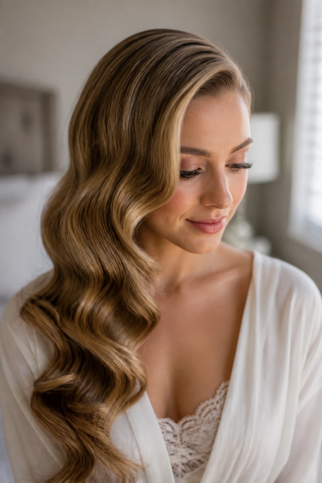 Close-up of a woman with deep side part and glossy Hollywood waves