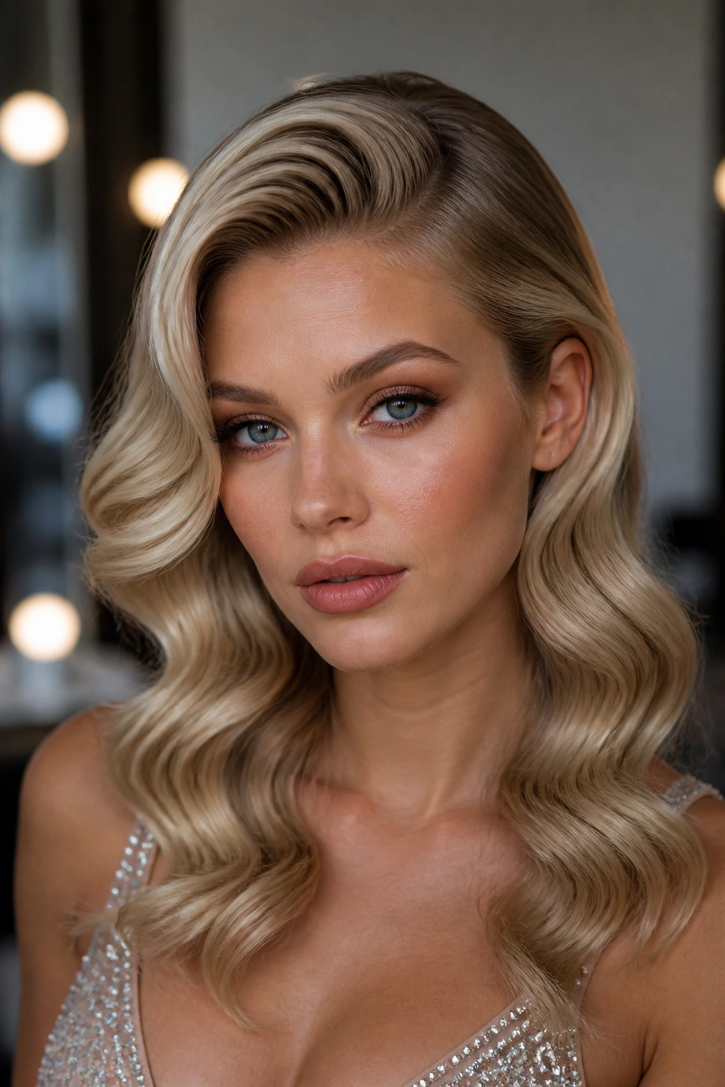 Soft Hollywood Waves with Deep Side Part on a real person with glossy, flowing hair