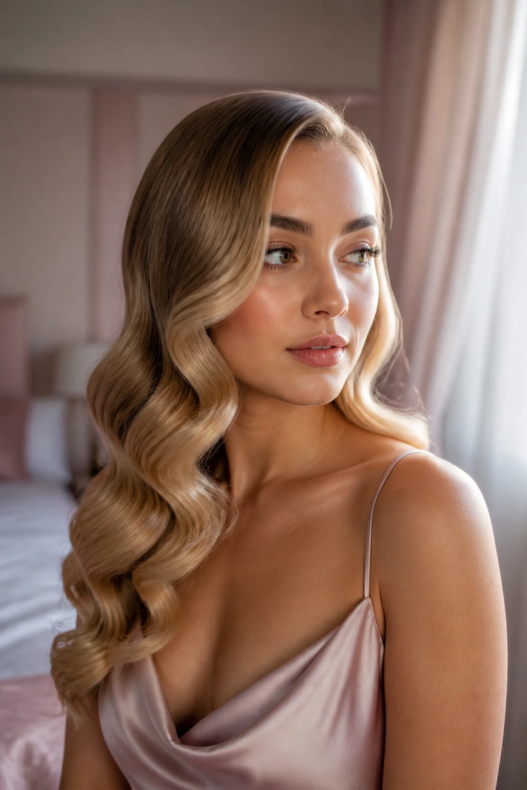 Close-up of woman with Soft Hollywood Waves