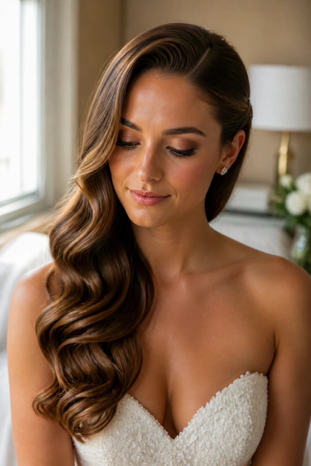 Bride with glossy soft Hollywood waves and deep side part