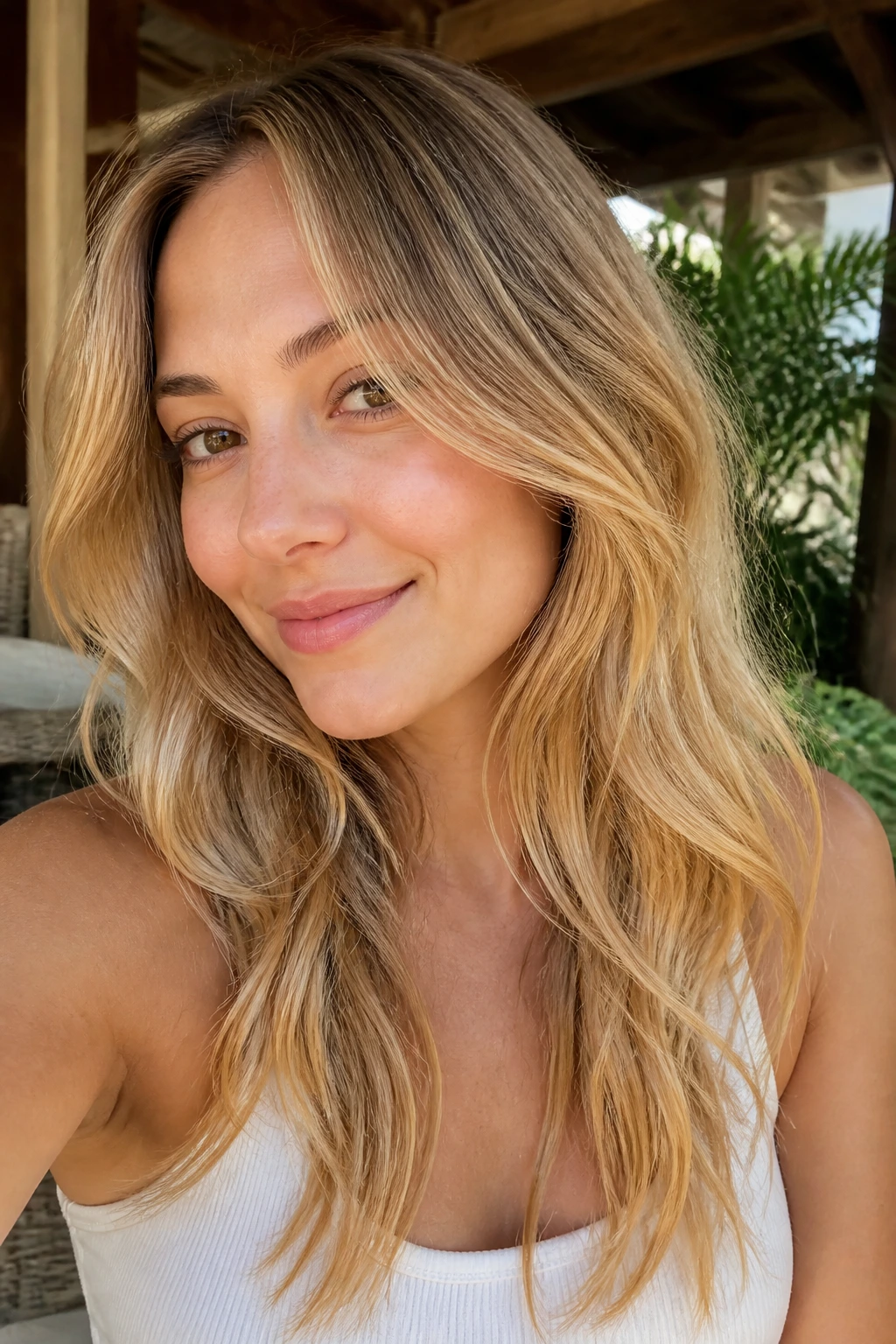 Close-up of a real woman with soft honey blonde hair and beige-gold gloss