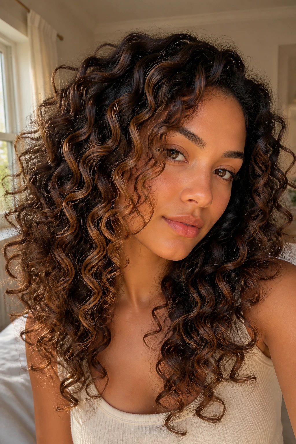 Close-up of soft honey caramel ribbons on curls with window light