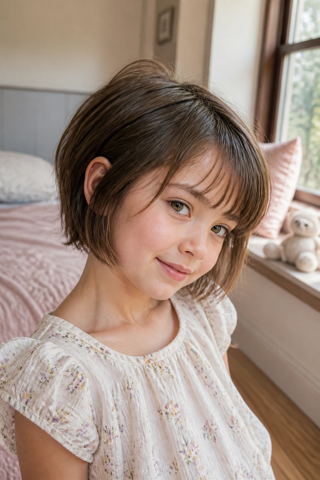 Close-up of a real child with Soft-Interior Shag for fine hair in a sunlit room