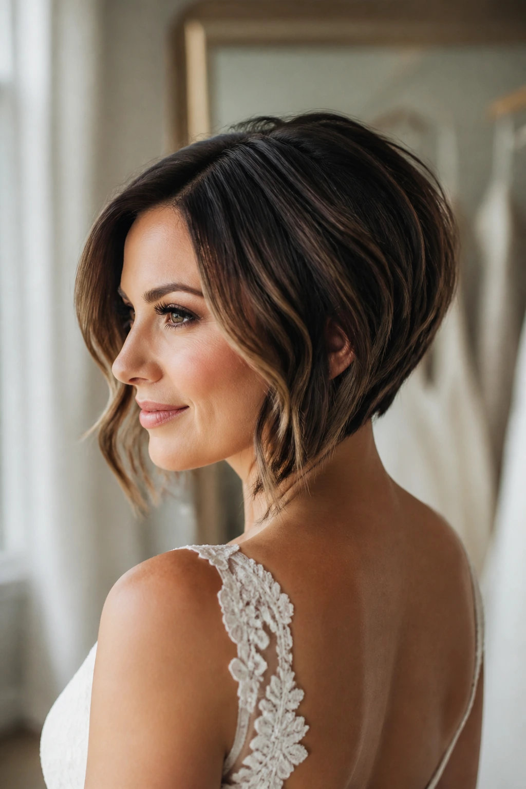 Bride with a soft inverted bob in a bridal suite