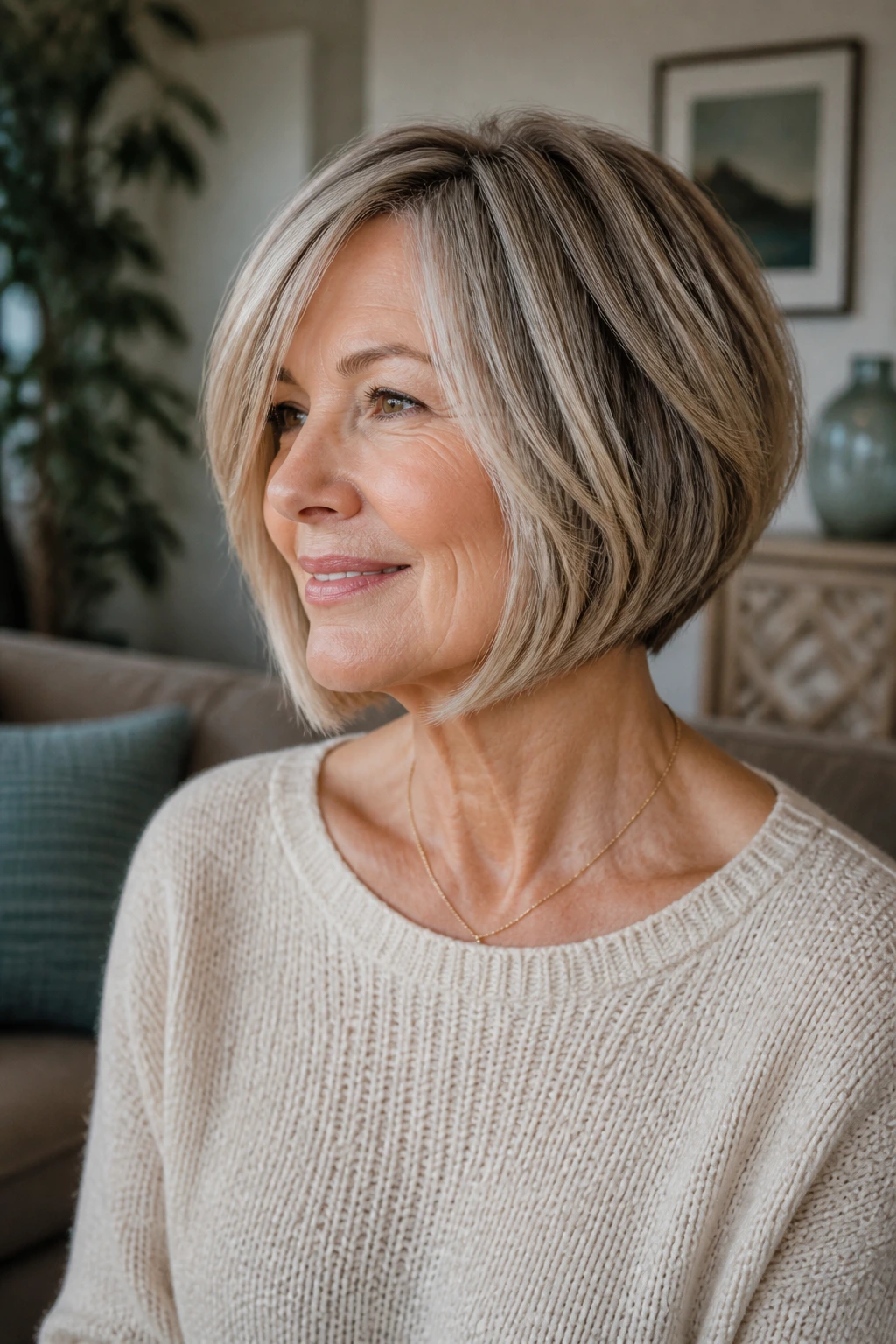Older woman with chin-length soft jawline bob in a cozy home setting