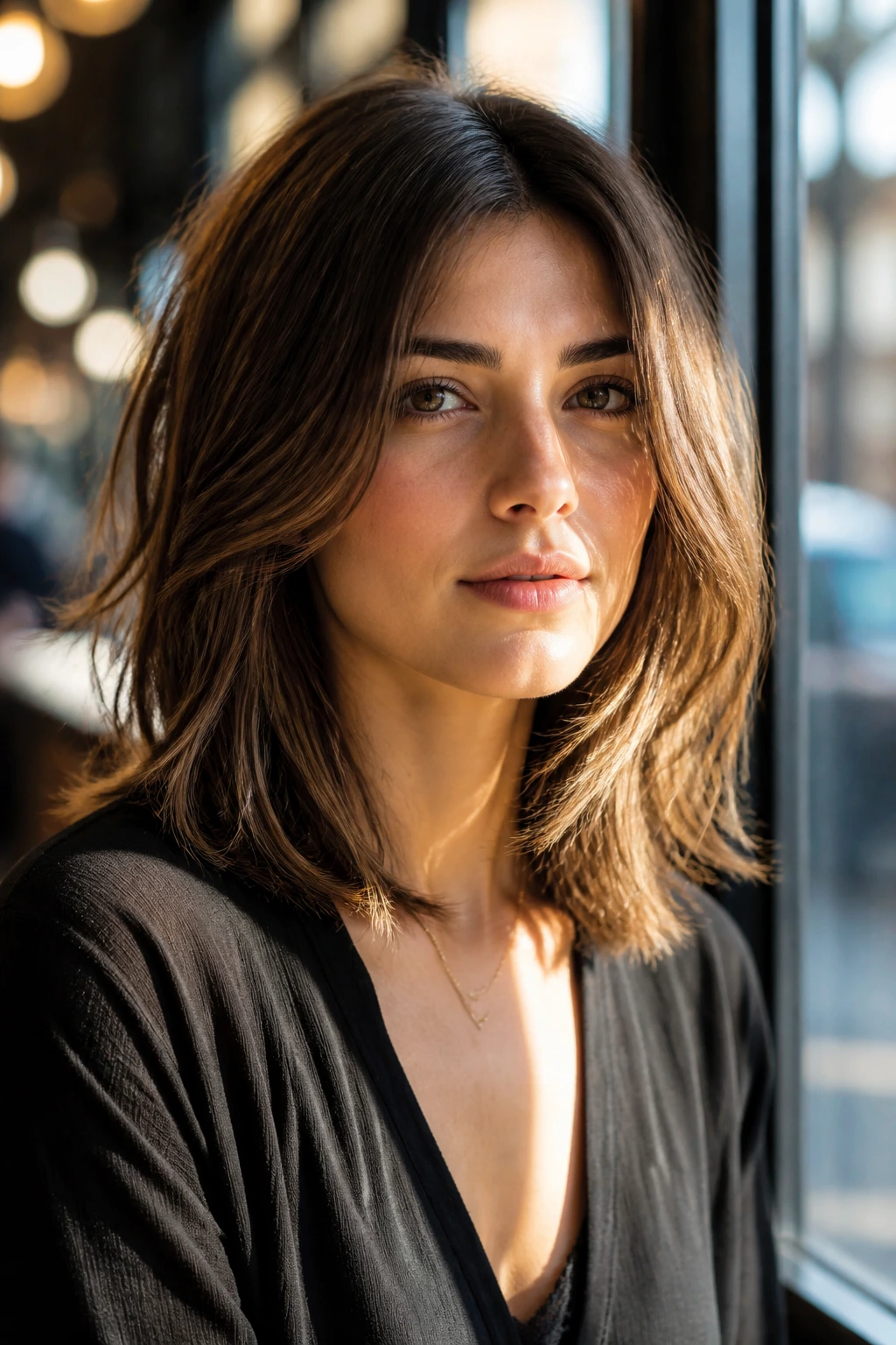 Close-up portrait of a real person with a softly framed jawline hairstyle