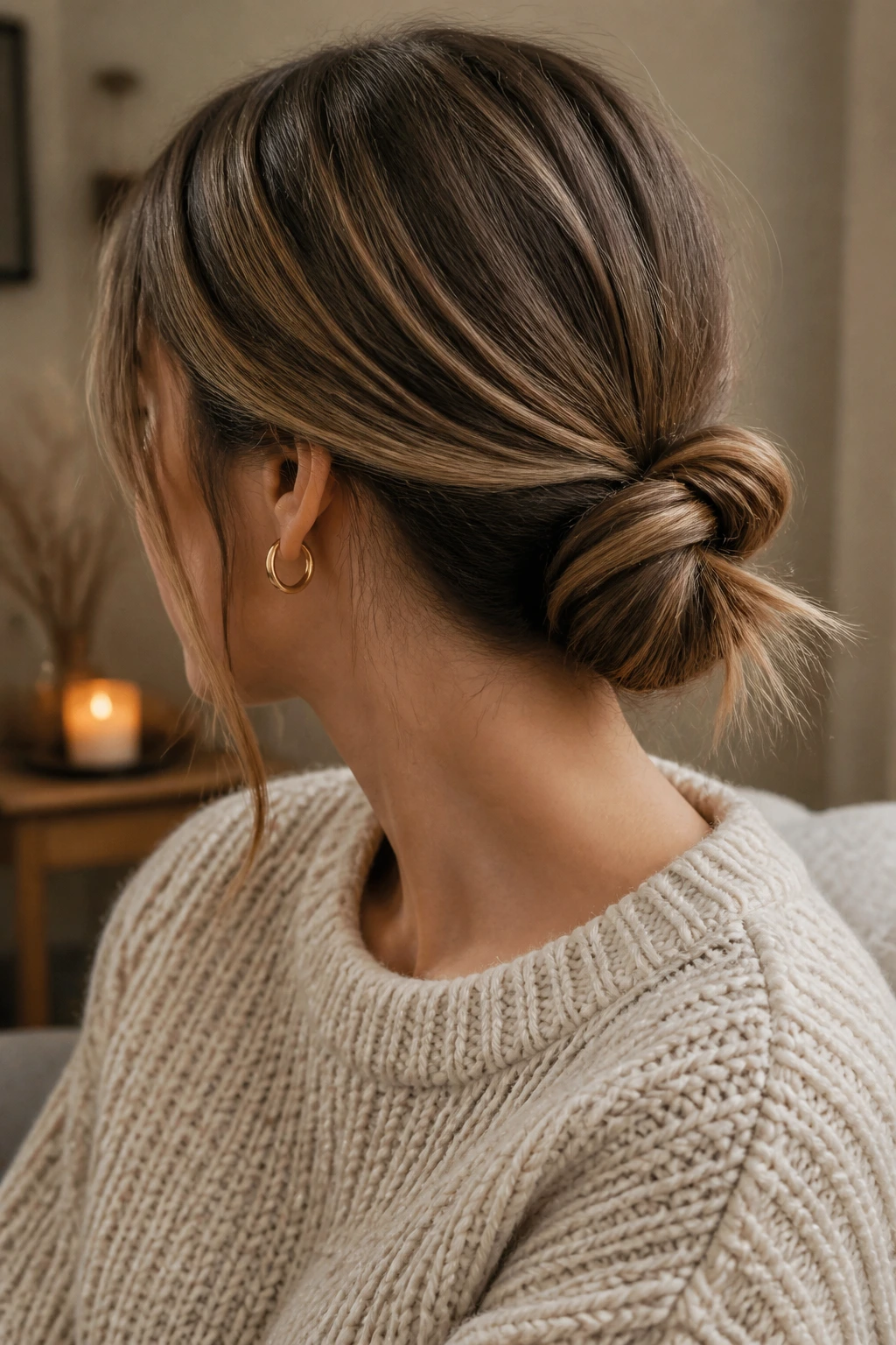 Three-quarter view of a real woman with a soft knot and peek-out ends