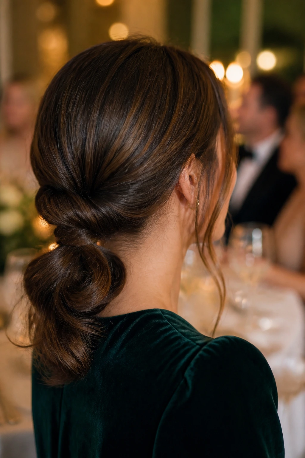 Close-up of a woman with a soft knotted low ponytail in warm dinner-party lighting