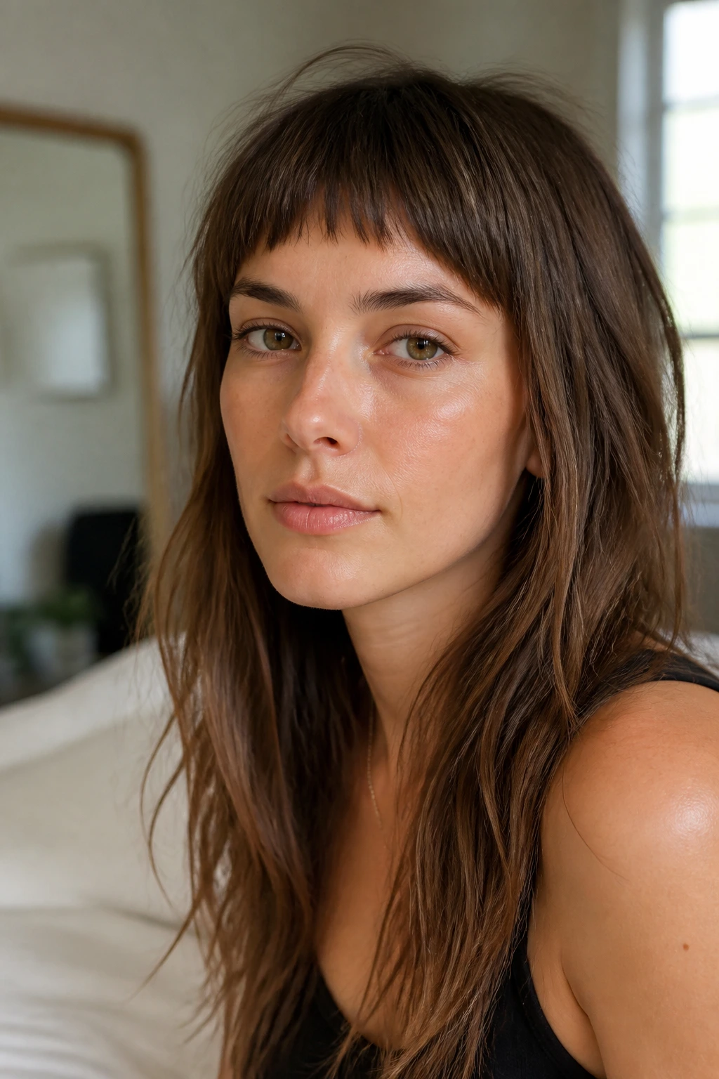 Close-up portrait of a woman with soft-landing short choppy bangs in a bedroom window light