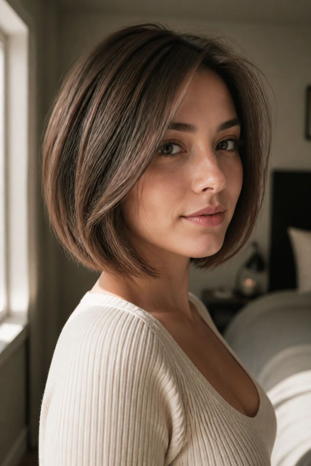 Close-up of a woman with a soft-layer bob in warm bedroom light