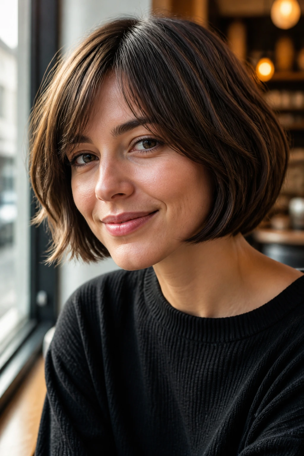 Close-up of a real woman in a soft-layer French bob in warm cafe light