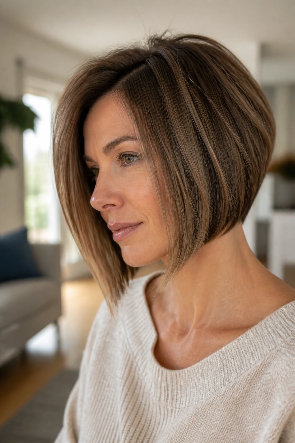 Portrait of a real person with soft layered angled bob showing movement and readable angle