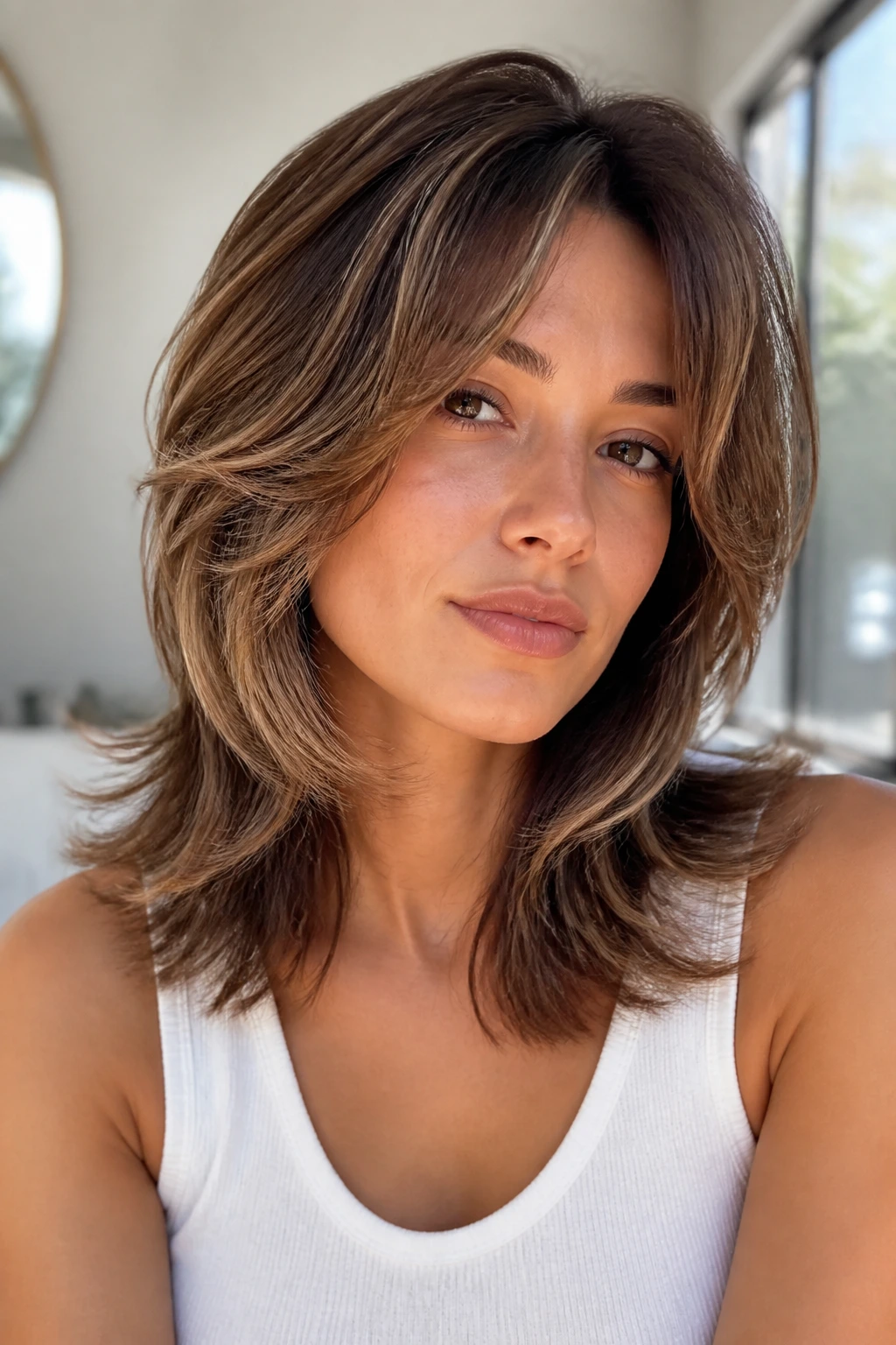 Real woman with soft layered blowout shag in bright room
