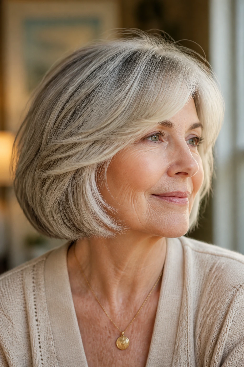 Older woman with a soft layered bob in natural light