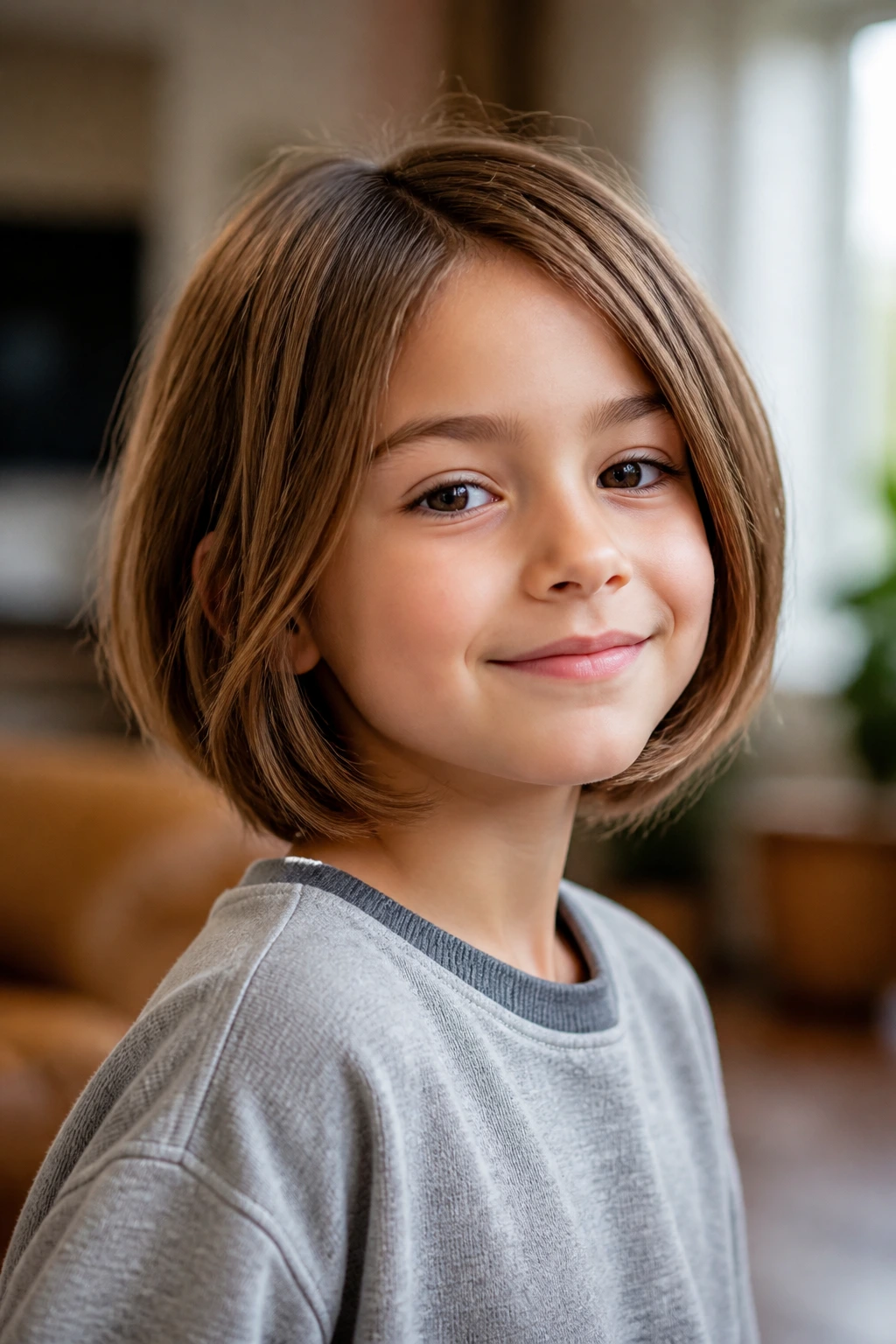 Child with soft layered bob close-up portrait.