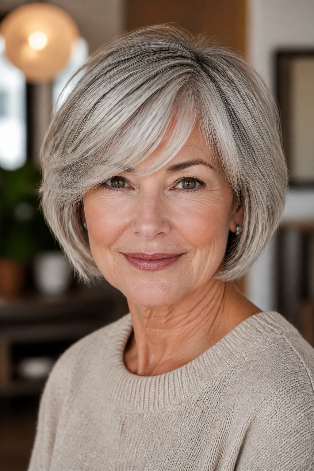 Mature woman with soft layered bob and side-swept fringe in a warm natural-lit setting