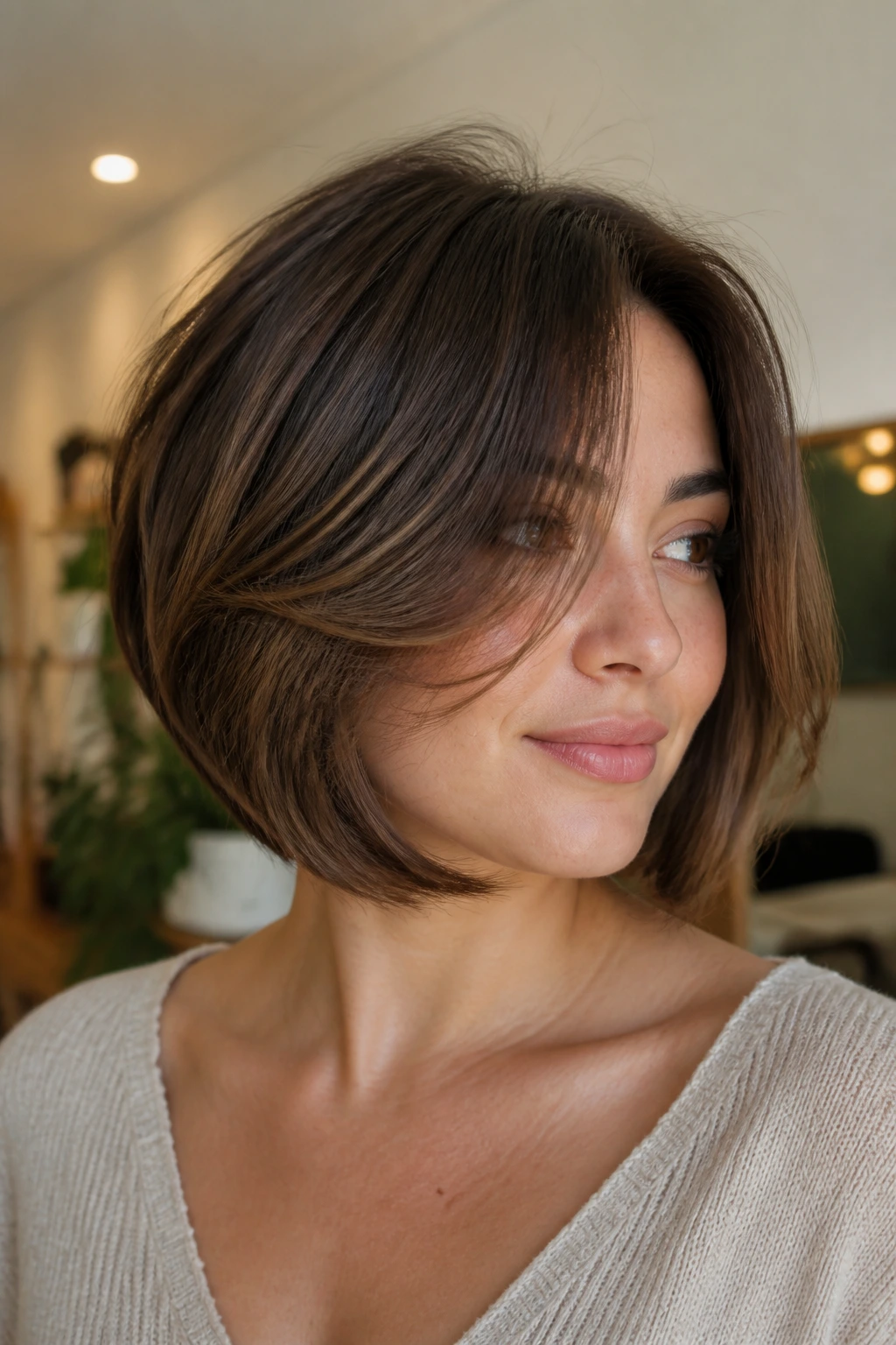 Portrait of woman with chin-length soft layered bob in warm light