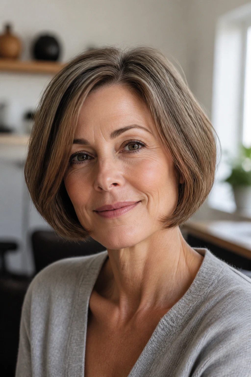 Close-up portrait of a woman with a jaw-length soft layered bob