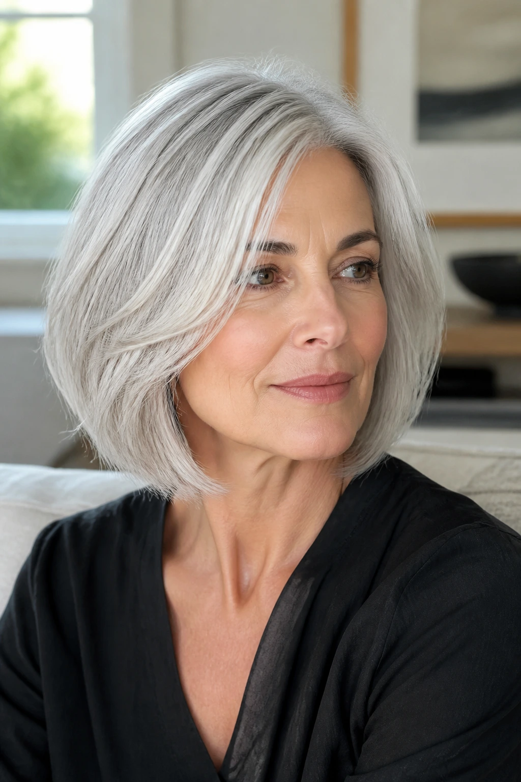 Portrait of a woman with a soft layered silver bob in a sunlit room