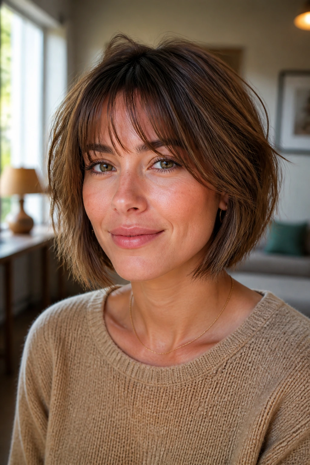 Medium-close portrait of a woman with Grow-Out-Friendly Soft Layered Bob and wispy bangs