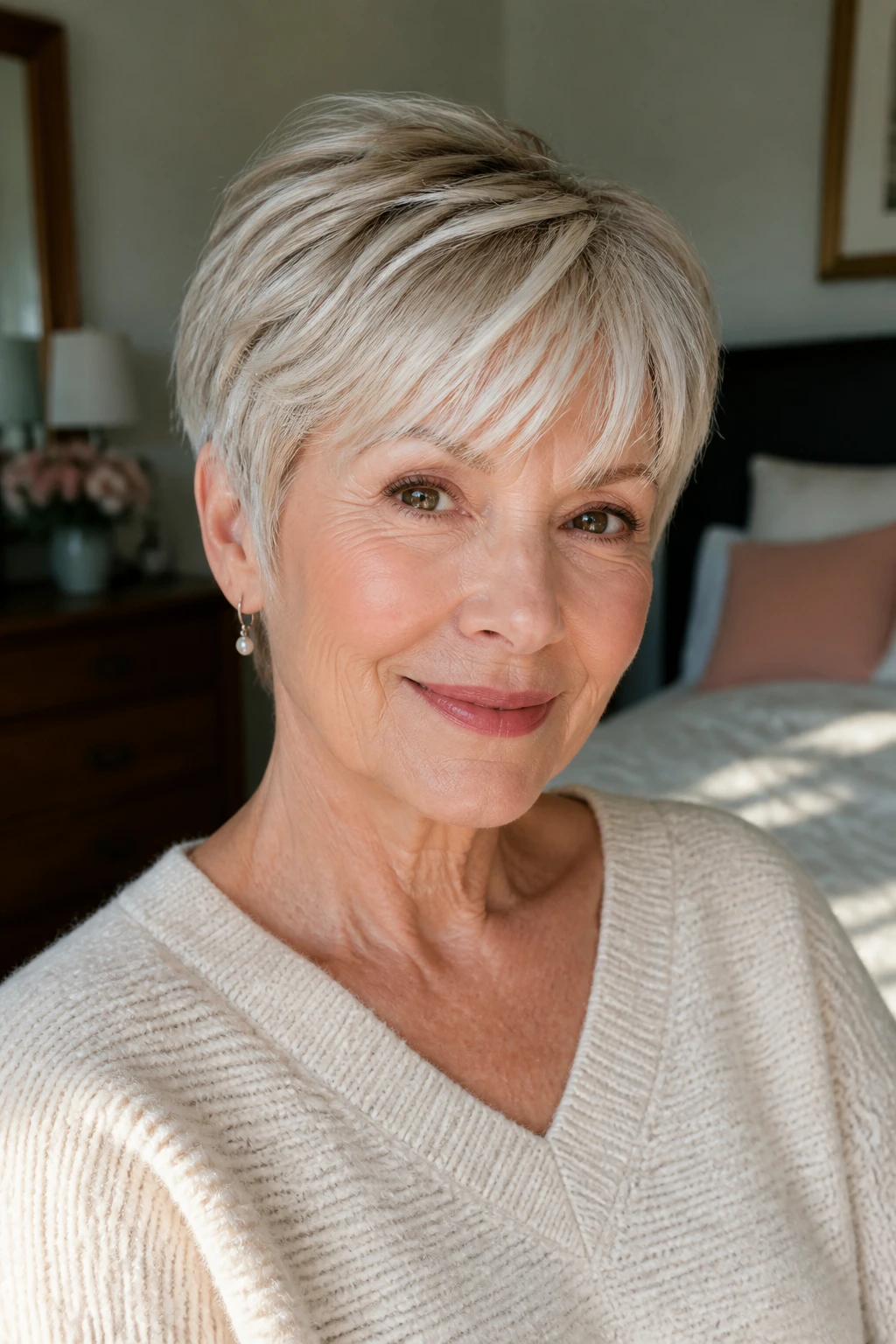Close-up of a 60-year-old woman with soft layered crop and side-swept fringe