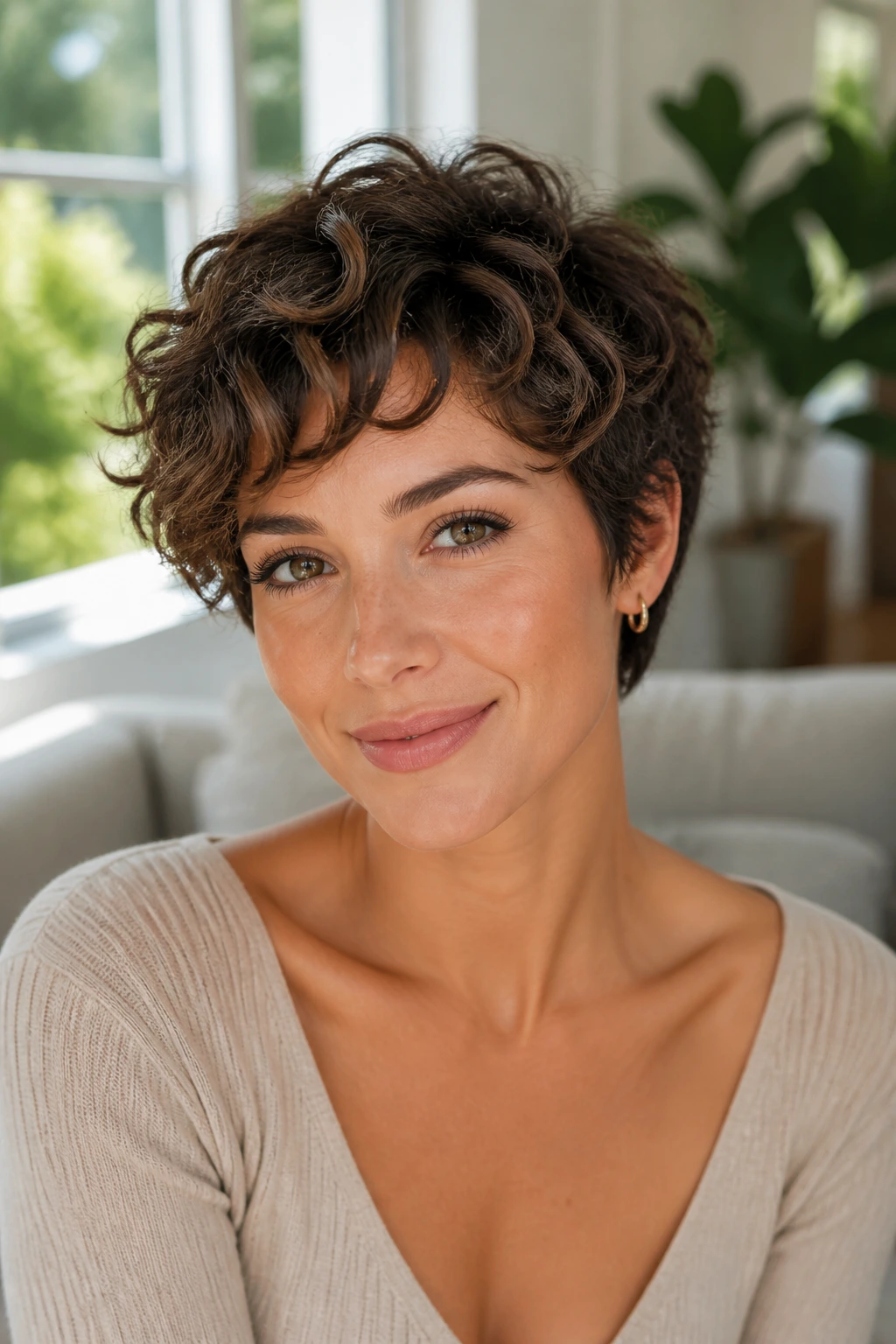 Close-up portrait of real woman with soft layered curly pixie in bright living room light