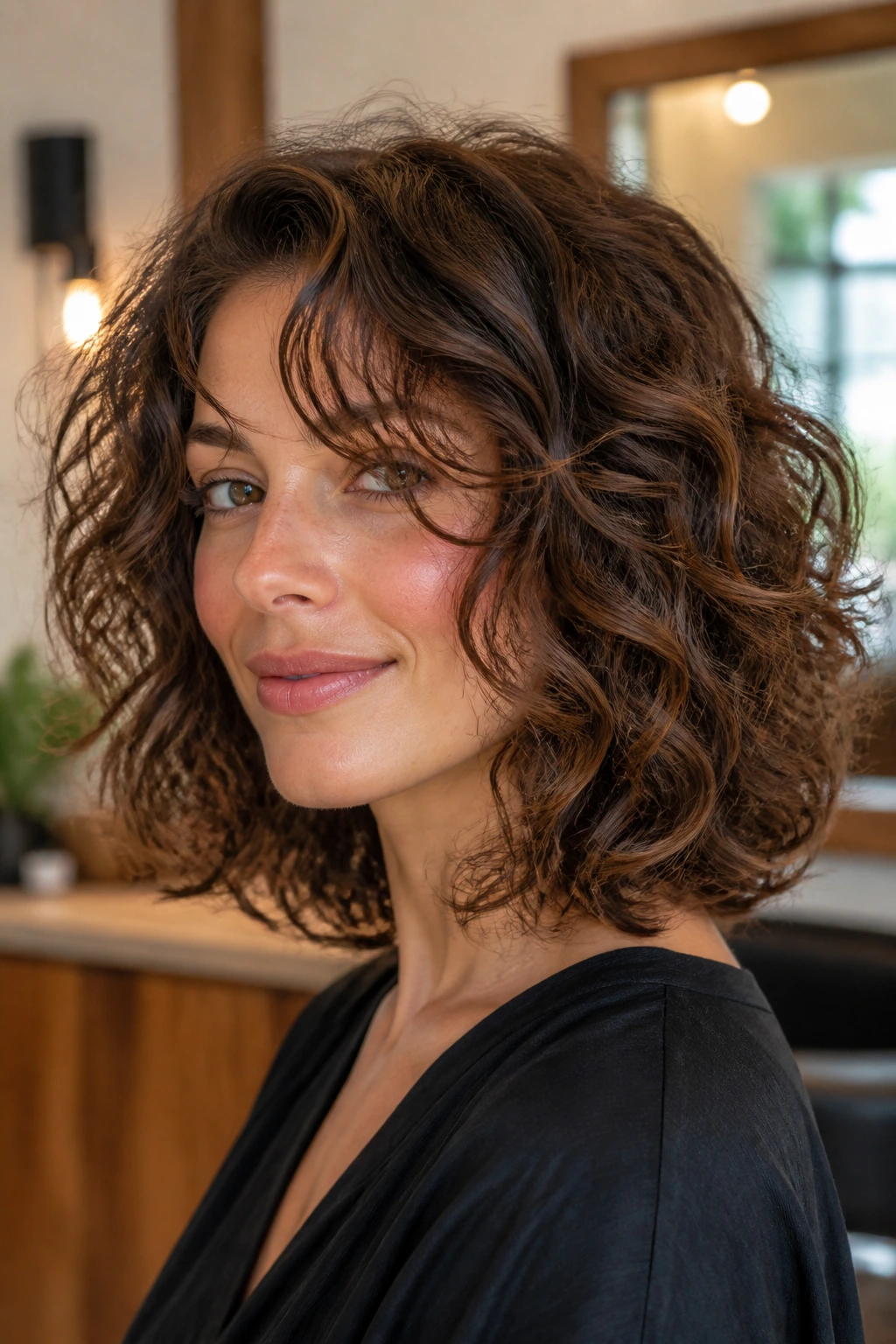 Portrait of a real woman with soft layered curly lob showing subtle lift