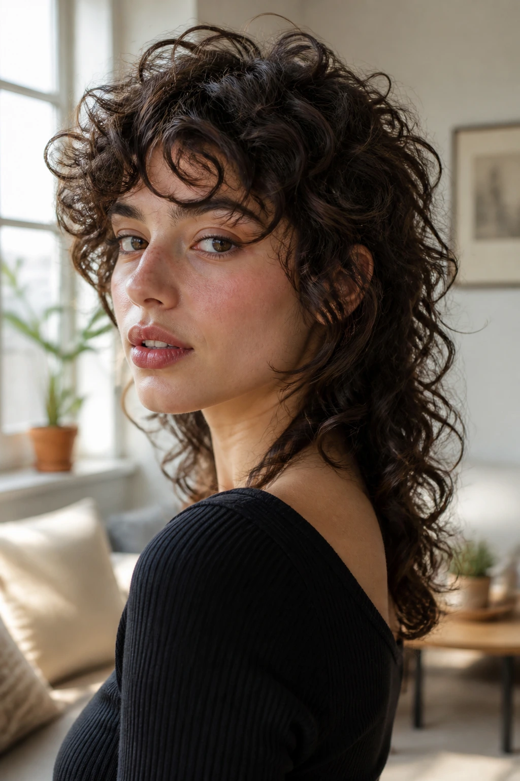 Close-up portrait of a real person with soft layered curly mullet under window light