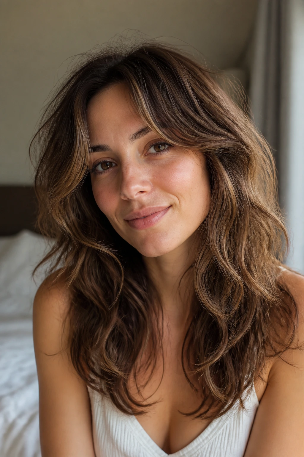 Close-up portrait of a real woman with soft layered wavy hair in a sunlit bedroom