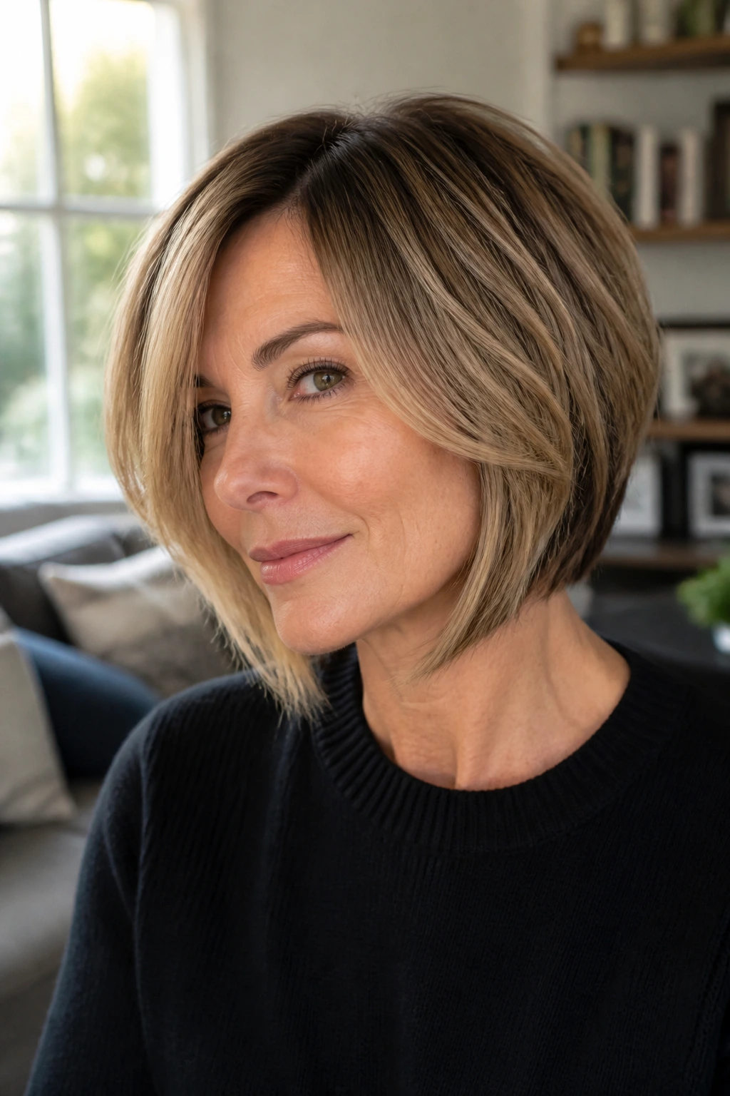 Close-up portrait of a real woman with soft layered inverted bob and gentle interior layers in natural daylight