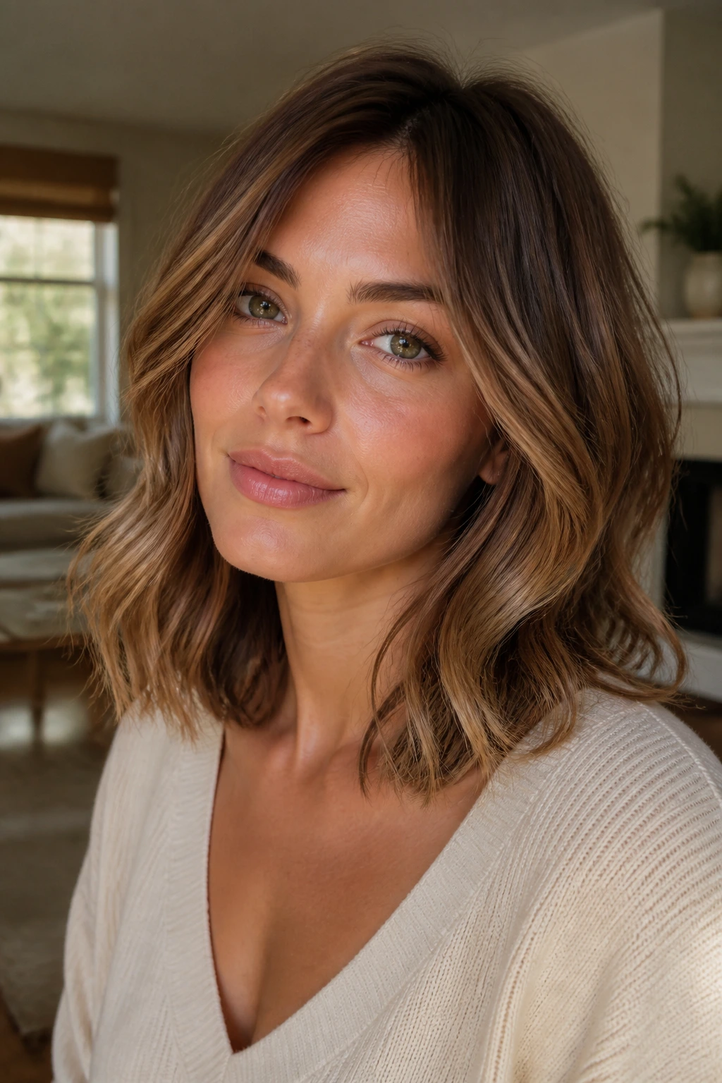 Close-up of a woman with a soft layered lob and loose bends